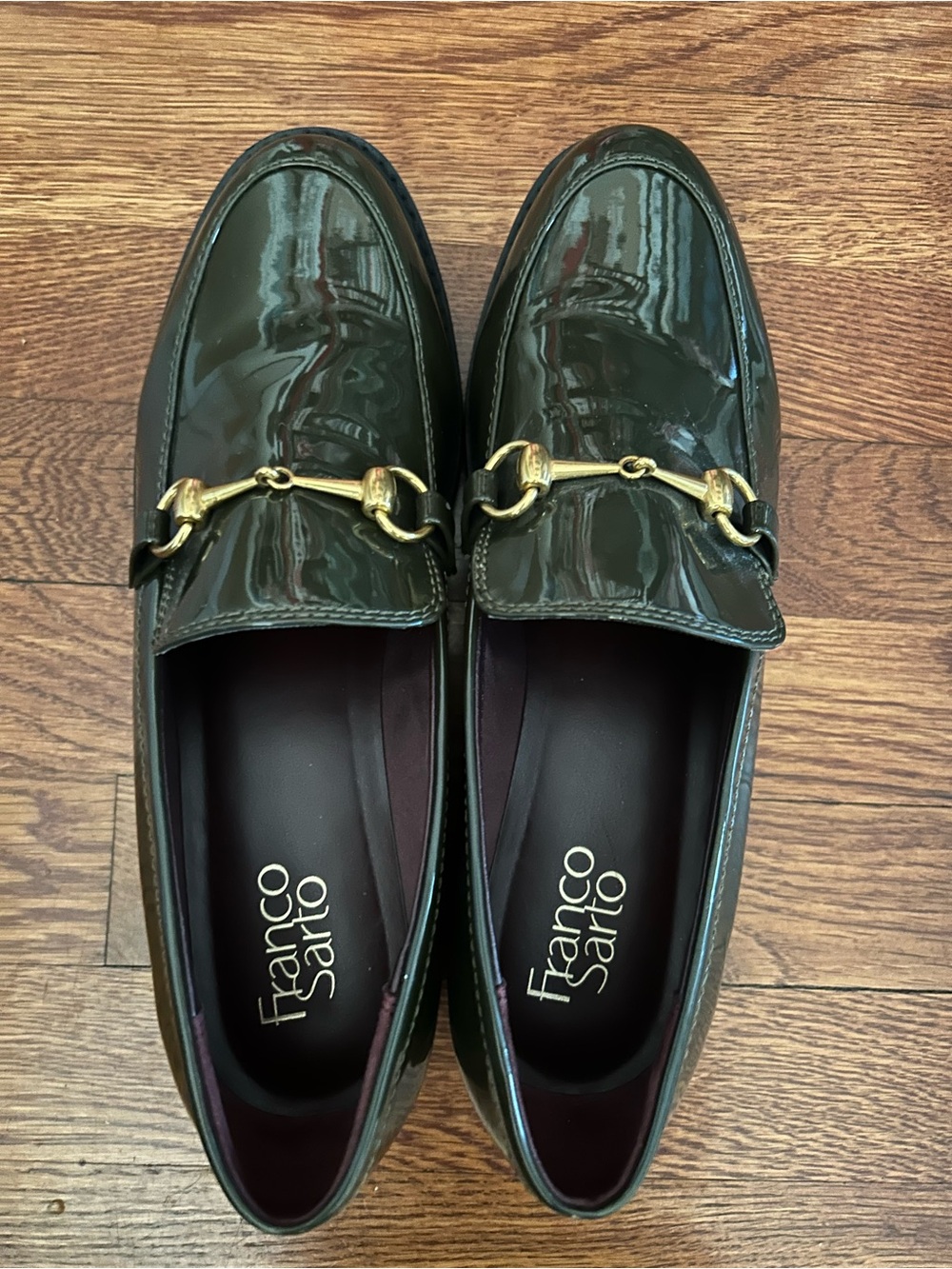 Franco Sarto Dark Olive Patent Loafers with Gold Bit